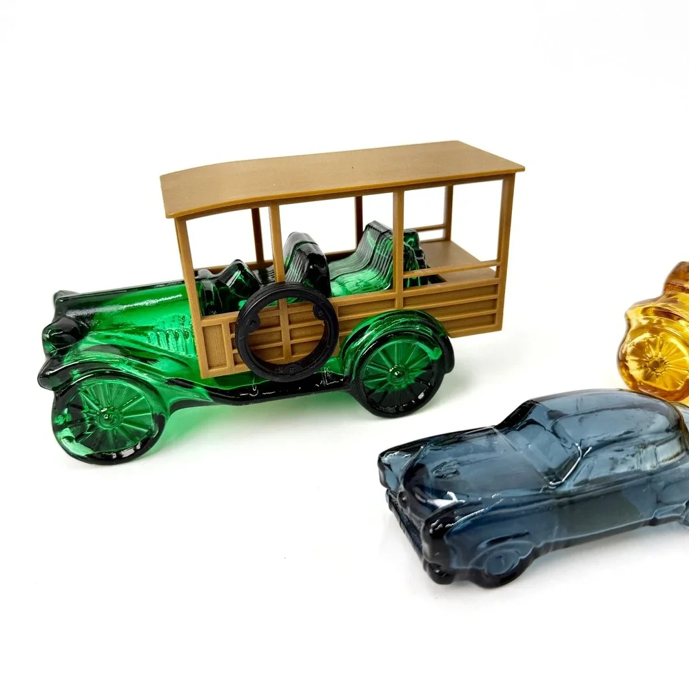 Avon Vintage Glass Car After Shave Bottles Set of 3 Green Amber Blue MCM Decor